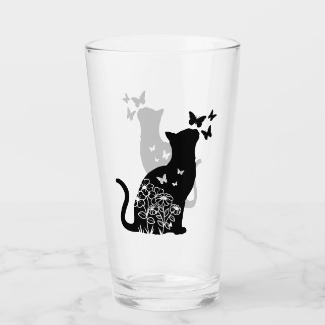 Silhouette Katzen und Schmetterlinge, Katze Lover, Glas (Vorderseite)