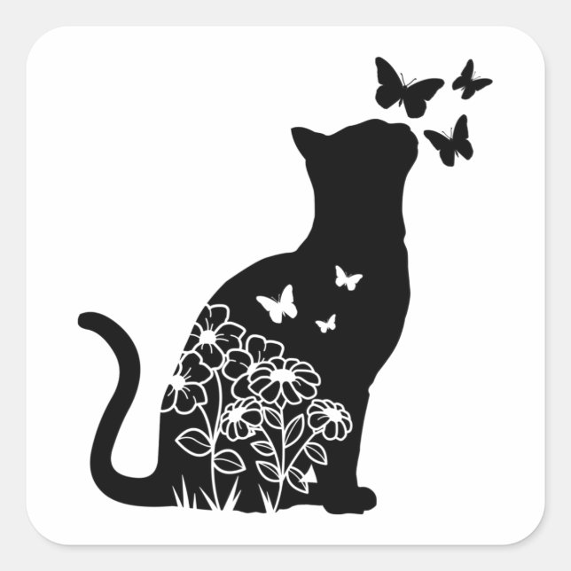 Silhouette Katzen und Schmetterlinge, Katze Lover, Quadratischer Aufkleber (Vorderseite)