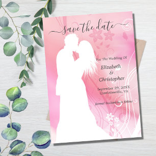 Silhouette Kissing Couple Pink White Floral Save The Date