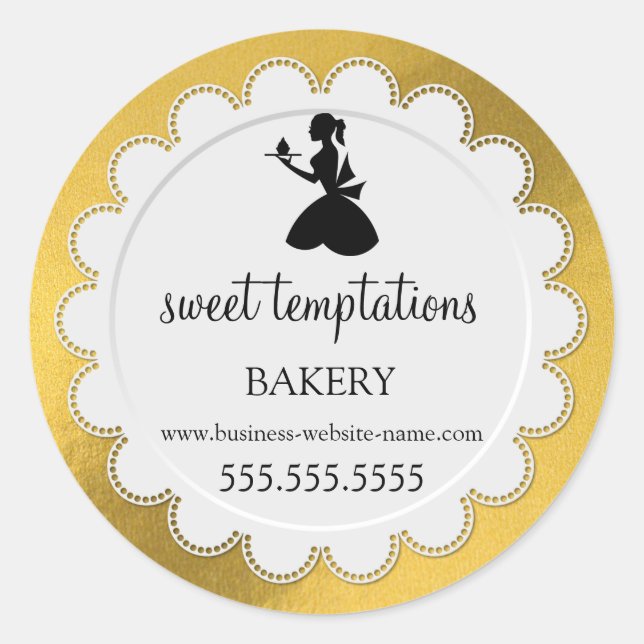 Silhouette Lady Cupcake Imitate Gold Foil Bäckerei Runder Aufkleber (Vorderseite)
