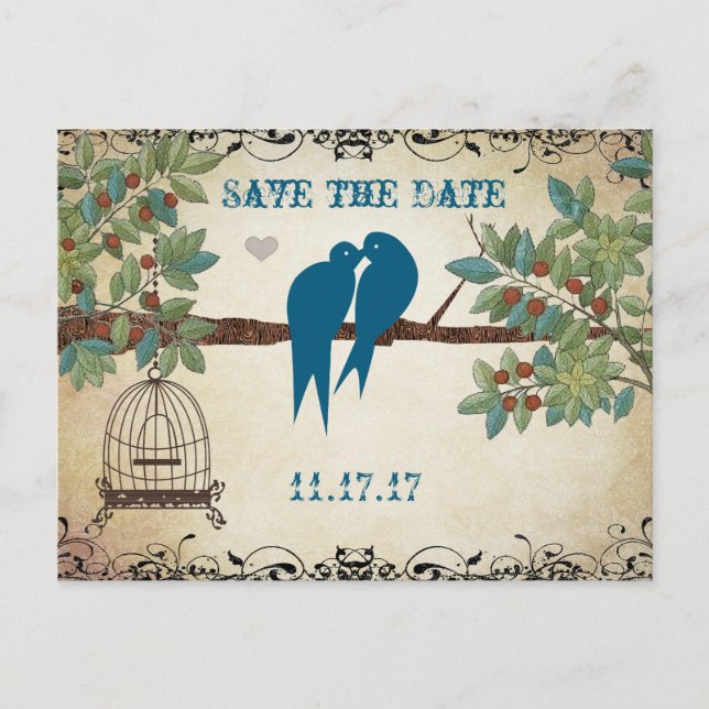 Silhouette Love Birds Bird Cage Tree Save the Date Ankündigungspostkarte (Vorderseite)