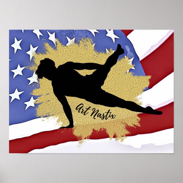 Silhouette Male Gymnast - Amerikanische Flagge Poster (Vorne)