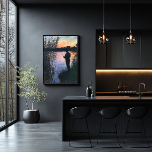 Silhouette Man Fischen bei Sonnenuntergang - Impre Poster