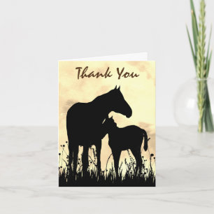 Silhouette Mare and Foal in Field Horse Dankeskarte