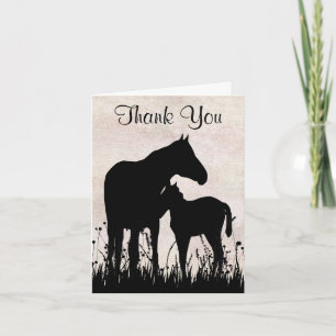 Silhouette Mare and Foal in Field Horse Dankeskarte