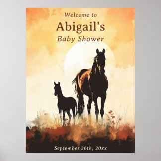 Silhouette Mare and Foal Sunset Horse Baby Dusche Poster