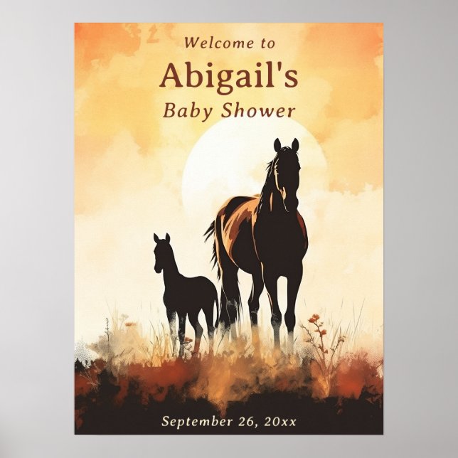 Silhouette Mare and Foal Sunset Horse Baby Dusche Poster (Vorne)