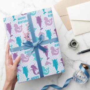 Silhouette Mermaids Aqua Fish Muster Geburtstag Geschenkpapier
