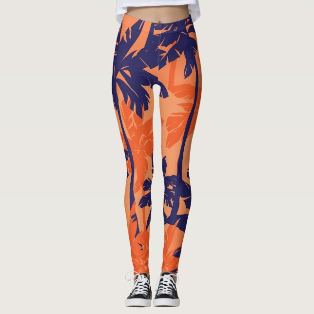 Silhouette mit blauer Palme, orangefarbener Hinter Leggings (Vorderseite)