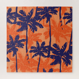 Silhouette mit blauer Palme, orangefarbener Hinter Puzzle