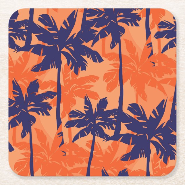 Silhouette mit blauer Palme, orangefarbener Hinter Rechteckiger Pappuntersetzer (Vorderseite)
