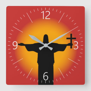 Silhouette mit Kreuz Quadratische Wanduhr