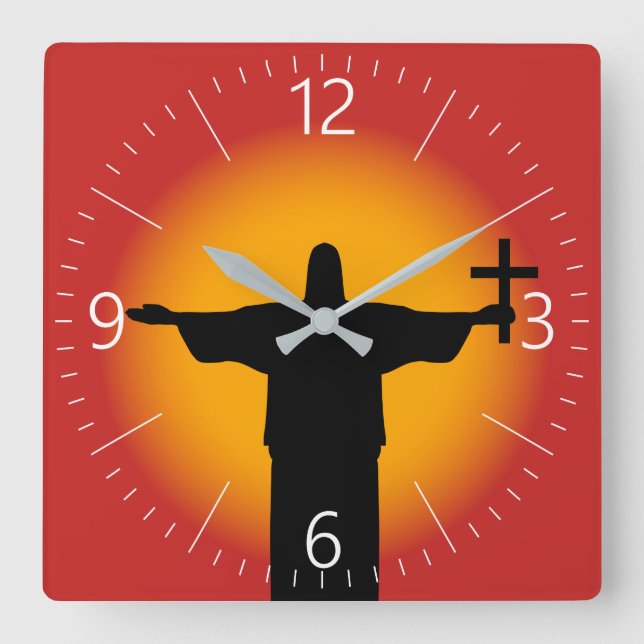 Silhouette mit Kreuz Quadratische Wanduhr (Vorderseite)
