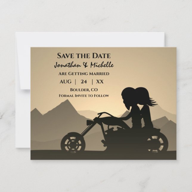 Silhouette Motorrad Couple Mountain Wedding Save The Date (Vorderseite)