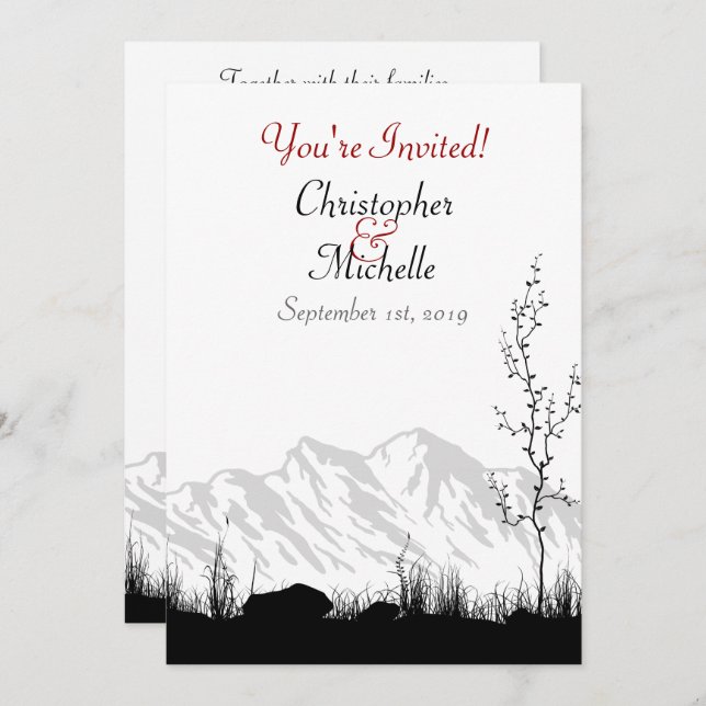 Silhouette Mountain Black, White and Red Wedding Einladung (Vorne/Hinten)