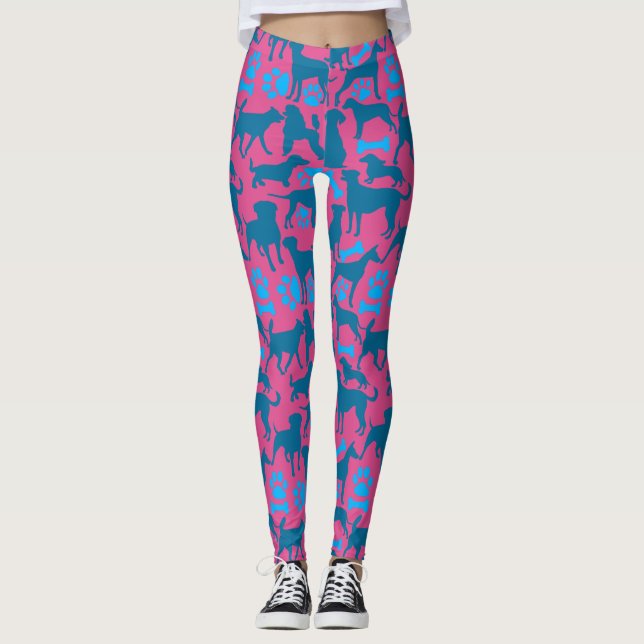 Silhouette Muster für Hunde.Blue.04 Dpink BG Leggings (Vorderseite)