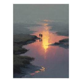 Silhouette Paar Sonnenuntergang Bach Reflexion Fotodruck