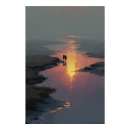 Silhouette Paar Sonnenuntergang Fluss Reflexion Poster