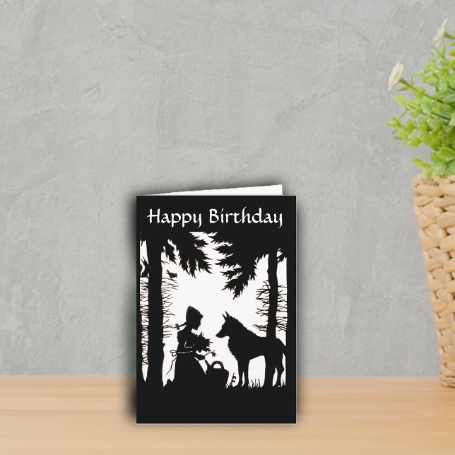 Silhouette Red Riding Hood Wolf Woods Geburtstag Karte (Black white Red riding hood under trees with flowers with wolf on Birthday greeting card.)
