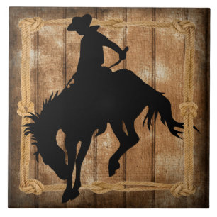 Silhouette Rodeo Cowboy on Bucking Bronco Pferd Fliese