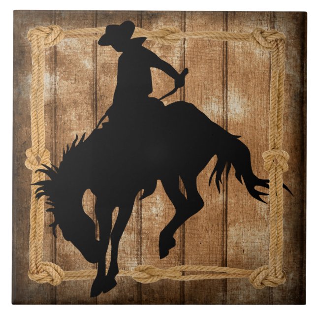Silhouette Rodeo Cowboy on Bucking Bronco Pferd Fliese (Vorderseite)