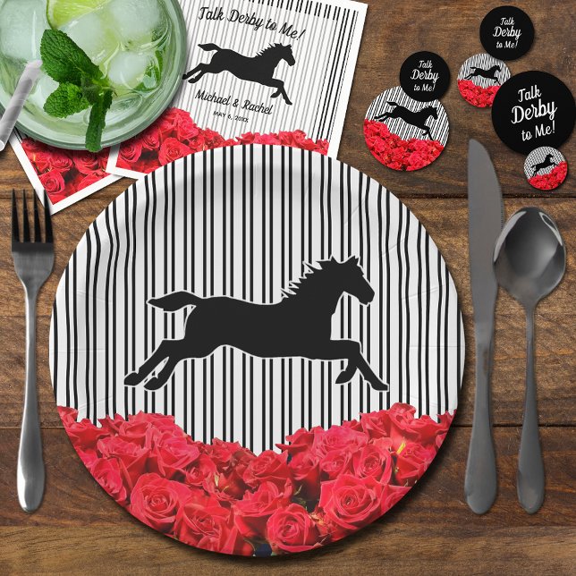 Silhouette Rote Rosen Schwarze Streifen Derby Pappteller (Derby plates, napkins and confetti dots all sold separately in our collection.)