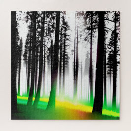Silhouette Schwarze Bäume mit Gelb- und Grünnebel Puzzle