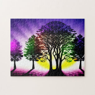 Silhouette Schwarze Bäume mit lebhaften Farben run Puzzle