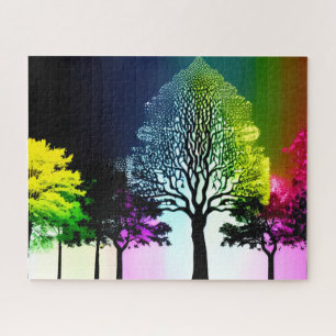 Silhouette Schwarze Bäume mit Regenbogenuntergrund Puzzle