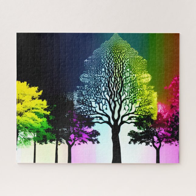 Silhouette Schwarze Bäume mit Regenbogenuntergrund Puzzle (Horizontal)