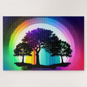 Silhouette Schwarze Bäume umgeben von Rainbow Hues Puzzle