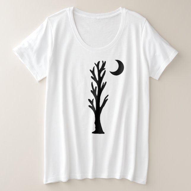 Silhouette Schwarzer Waldbaum mit Halbmond Große Größe T-Shirt (Design vorne)