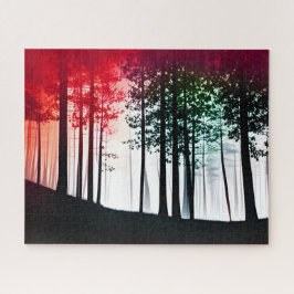 Silhouette Schwarzwald mit roter Farbeinwirkung Puzzle