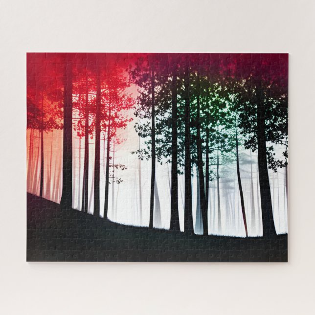 Silhouette Schwarzwald mit roter Farbeinwirkung Puzzle (Horizontal)