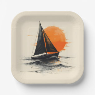 Silhouette Segelboot Sketch mit Orange Sun Pappteller