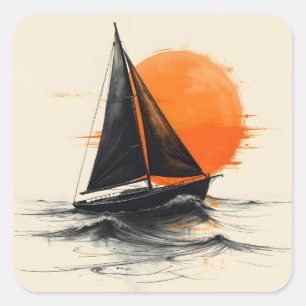 Silhouette Segelboot Sketch mit Orange Sun Quadratischer Aufkleber