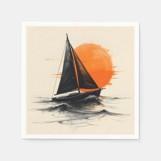 Silhouette Segelboot Sketch mit Orange Sun Serviette (Vorderseite)