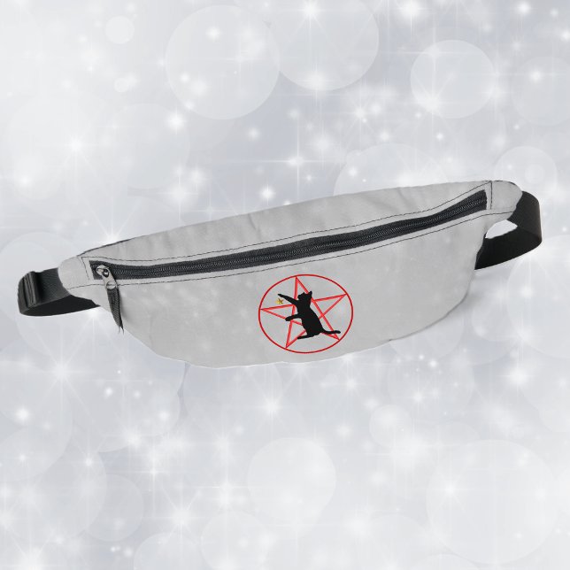 Silhouette sitzt Katze Gold Star Red Pentagram Bauchtasche (Black Cat silhouette gold star on red pentagram in circle on grey fanny pack.)