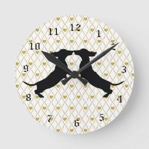 Silhouette-Uhr der goldenen Herzfrequenz-Dackel Runde Wanduhr