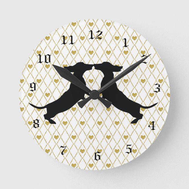 Silhouette-Uhr der goldenen Herzfrequenz-Dackel Runde Wanduhr (Vorderseite)