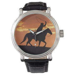 Silhouette von Cowboy auf Pferd in der Nähe von Fa Armbanduhr
