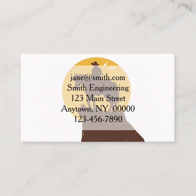 Silhouette von Cowboy-Reitpferd bei Sonnenuntergan Visitenkarte (Vorderseite)