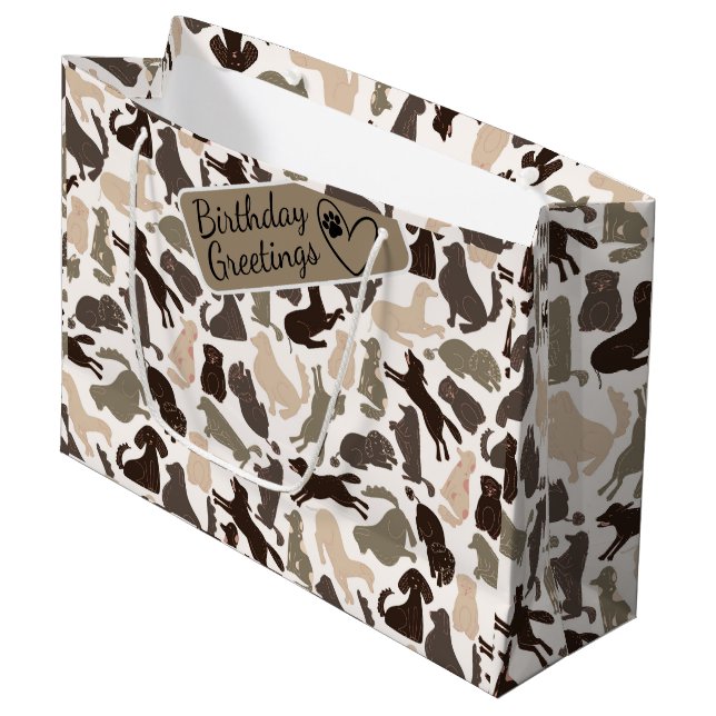 Silhouette von Hunden in verschiedenen Posen nahtl Große Geschenktüte (Vorderseite Schrägansicht)