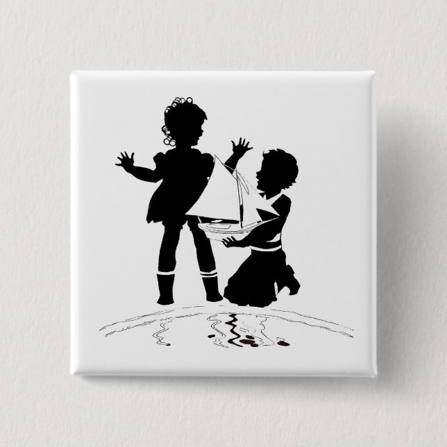 Silhouette von Mädchen und Jungen und Modellschiff Button (Vorderseite)