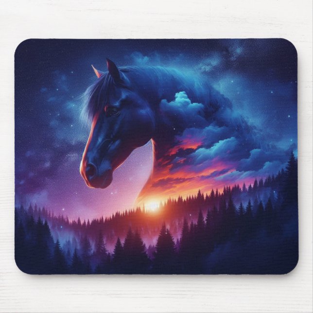 Silhouette von Pferden in einer sonnigen Waldlands Mousepad (Vorne)