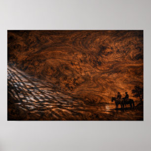 Silhouette von Pferdereitern bei Sonnenuntergang Poster