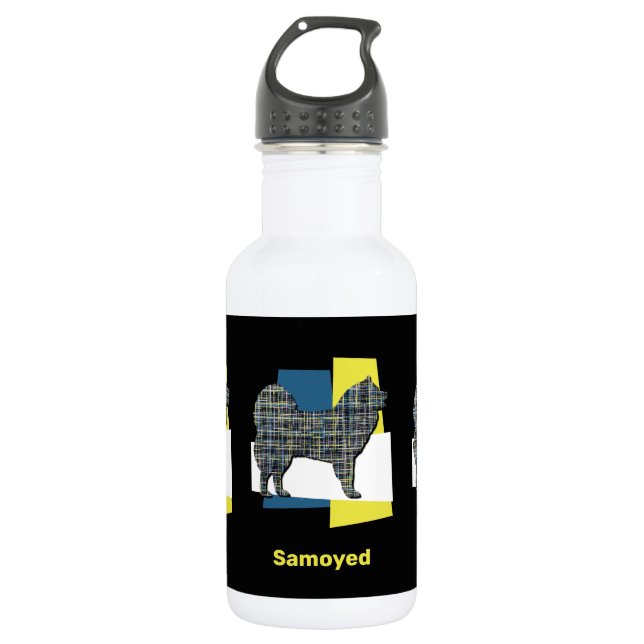 Silhouette von Samoyed Pet Hund Gelb & Blau Grill Edelstahlflasche (Vorderseite)