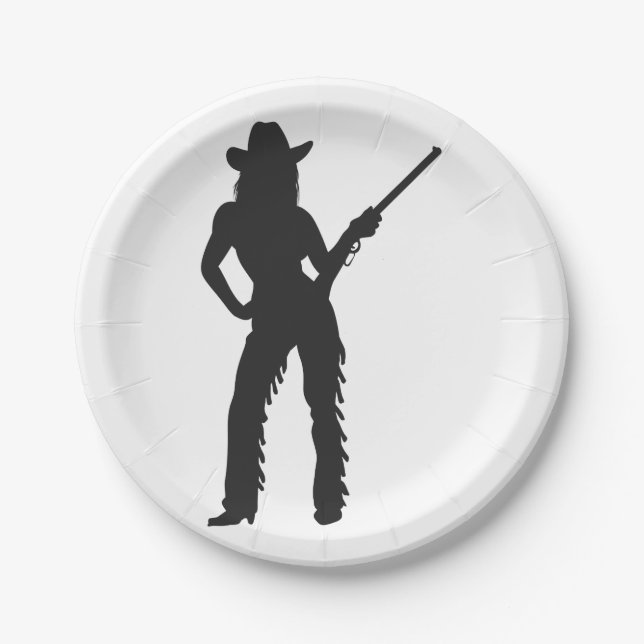 Silhouette von Western Cowgirl Pappteller (Vorderseite)
