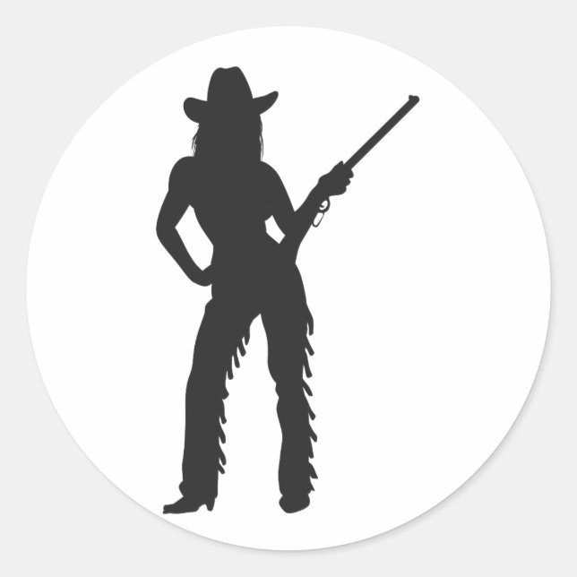 Silhouette von Western Cowgirl Runder Aufkleber (Vorderseite)