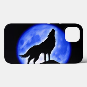 Silhouette von Wolf Howling am Mond in Blauer Nach Case-Mate iPhone Hülle